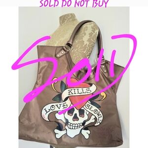 Ed Hardy Love‎ Kills Slowly Y2K Tote Bag Brown Metallic Skull Tattoo Art